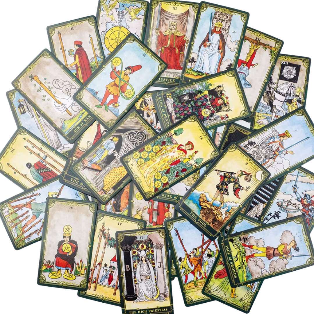 Collection of tarot cards with various illustrations on a white background
