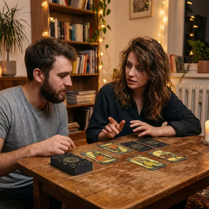 Two people playing a tarot card game at a wooden table in a cozy room with string lights and books.