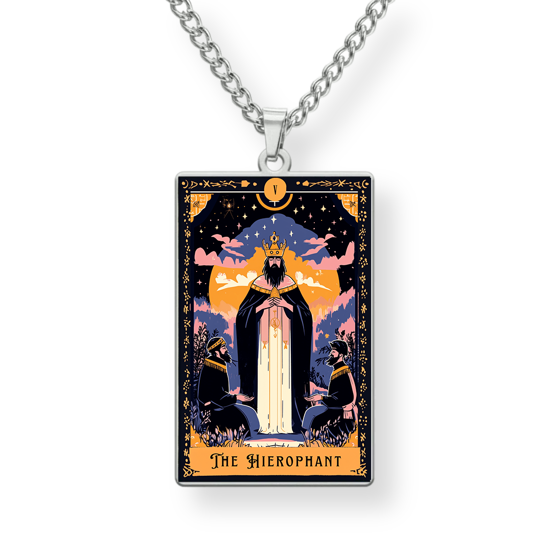 Pendant with 'The Hierophant' tarot card design on a white background