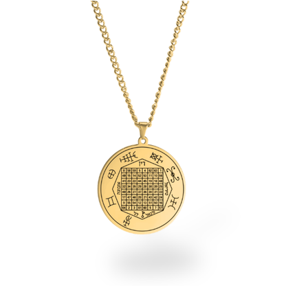 A gold pendant necklace featuring a circular medallion with an engraved magic square grid and mystical symbols, suspended from a gold chain against a white background.