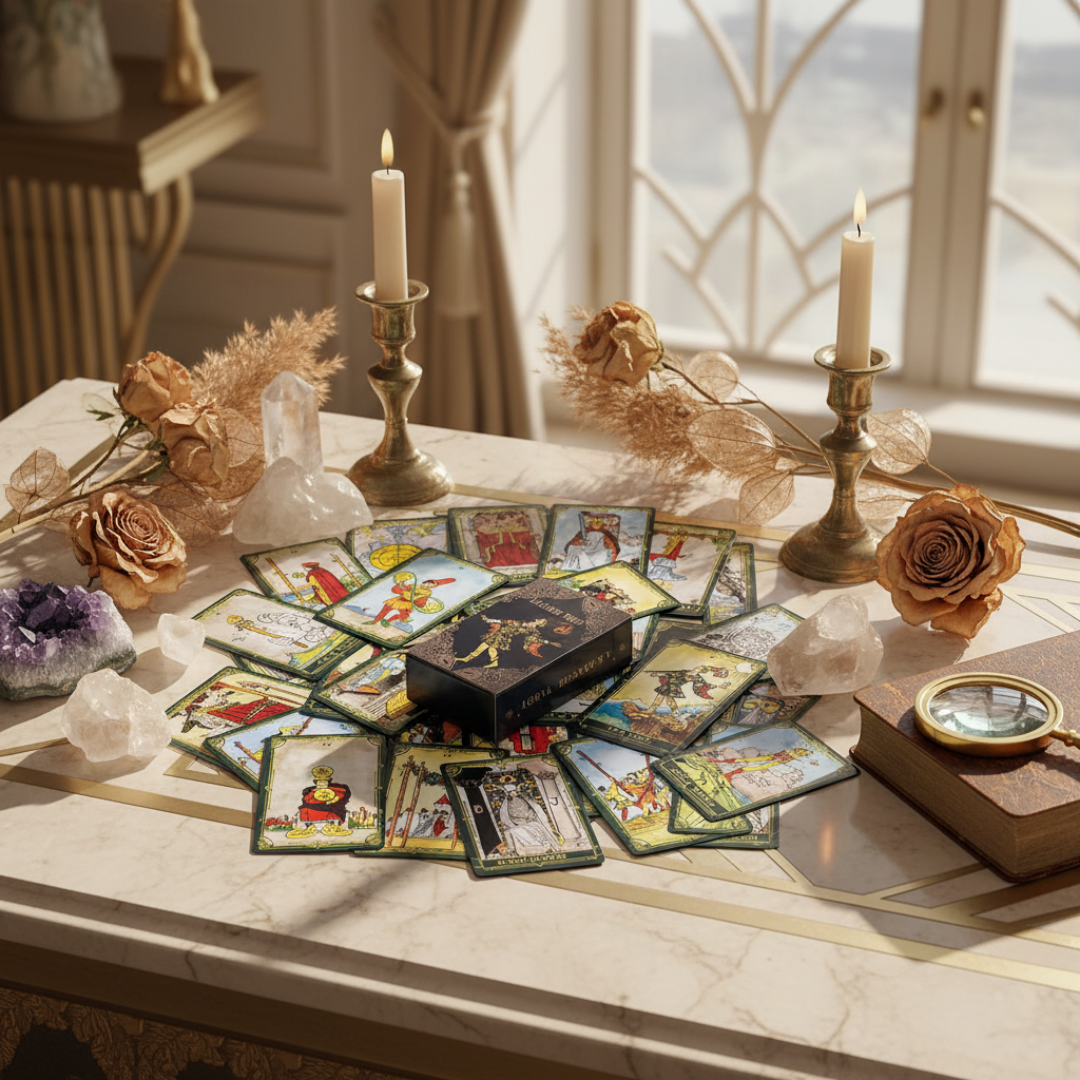 Collection of tarot cards on a table with candles, flowers, and crystals in a decorative setting.