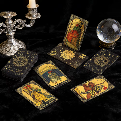 Collection of tarot cards on a dark surface with a candle and crystal ball.