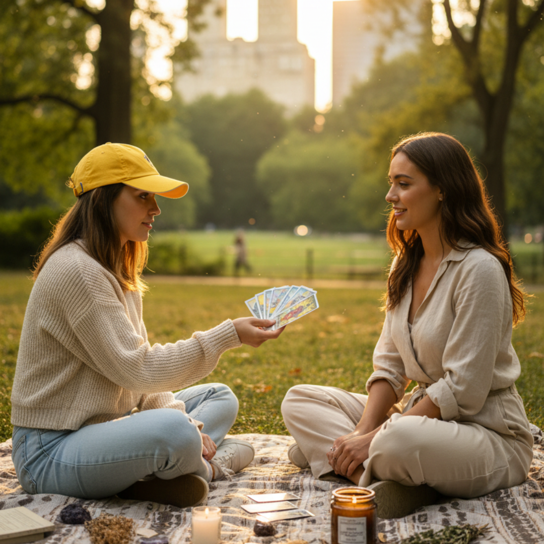 Two women sitting in a park during a tarot reading session, one of them wearing a stylish, vibrant yellow Fool tarot card cap
