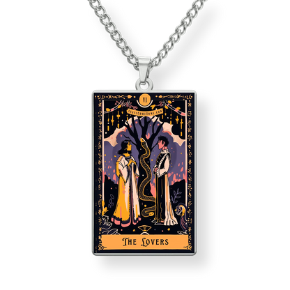 Necklace with 'The Lovers' tarot card pendant on a white background