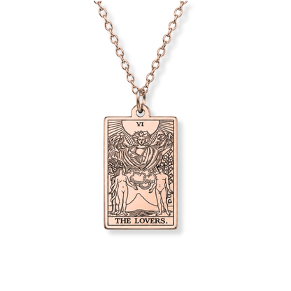 A rose gold tarot card pendant necklace featuring 'The Lovers' card design, suspended from a matching rose gold chain against a plain white background.