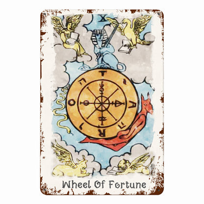 Tin Sign Of The Wheel of Fortune Tarot Card Painting • Major Arcana Waite-Style Cards Vintage Metal Print • Apollo Tarot Design Shop