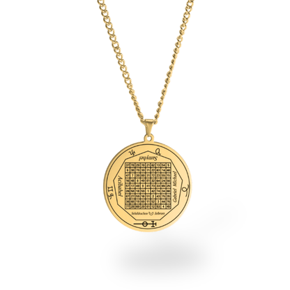 A gold pendant necklace featuring the Kabbalistic Tree of Life or a magic square grid with astrological symbols and Hebrew text, suspended from a gold chain against a white background.