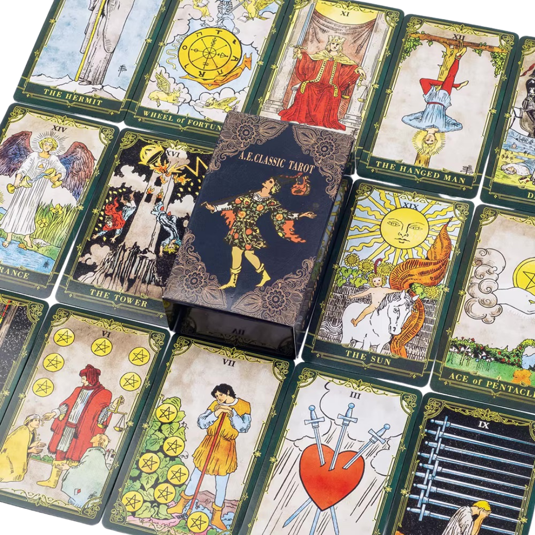Collection of tarot cards with various illustrations and symbols.