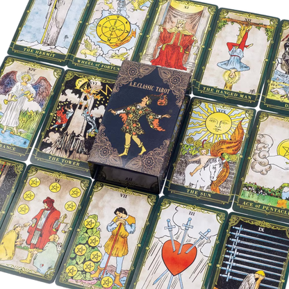 Collection of tarot cards with various illustrations and symbols.