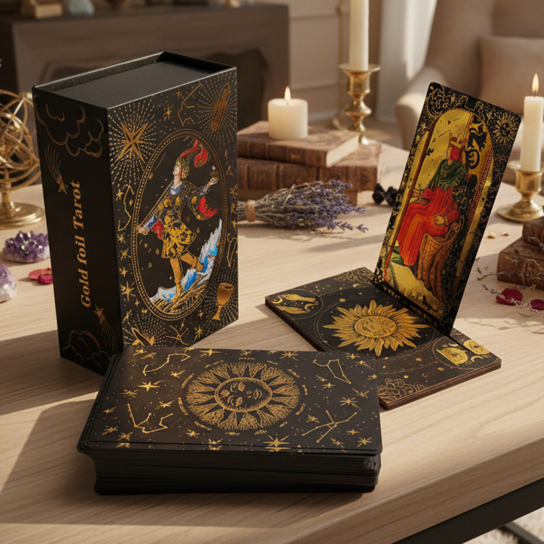 Decorative tarot card set with ornate designs on a wooden surface.