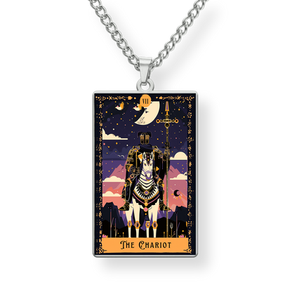 Necklace with a pendant featuring 'The Chariot' from Tarot cards on a white background