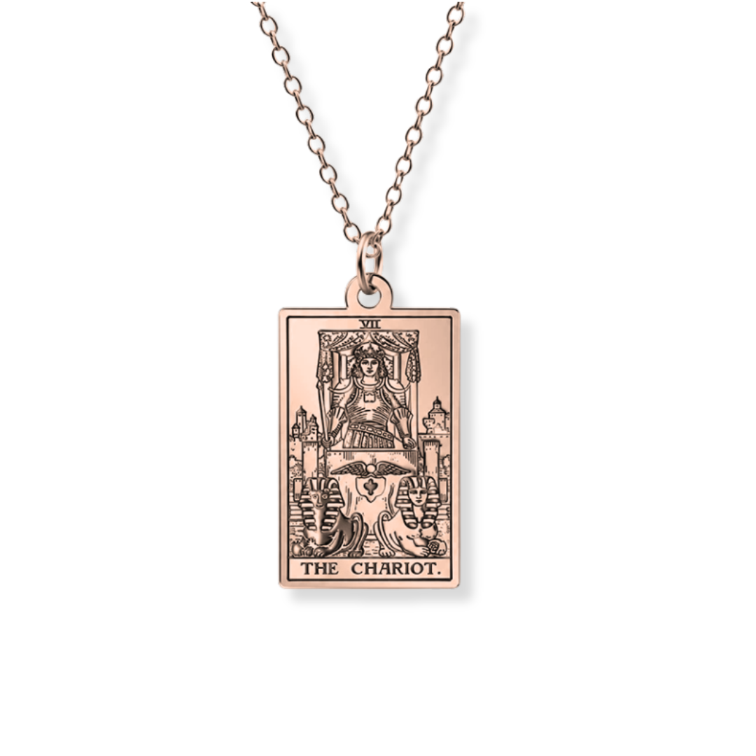A rose gold tarot card pendant necklace featuring 'The Chariot' card design, suspended from a matching rose gold chain against a plain white background.
