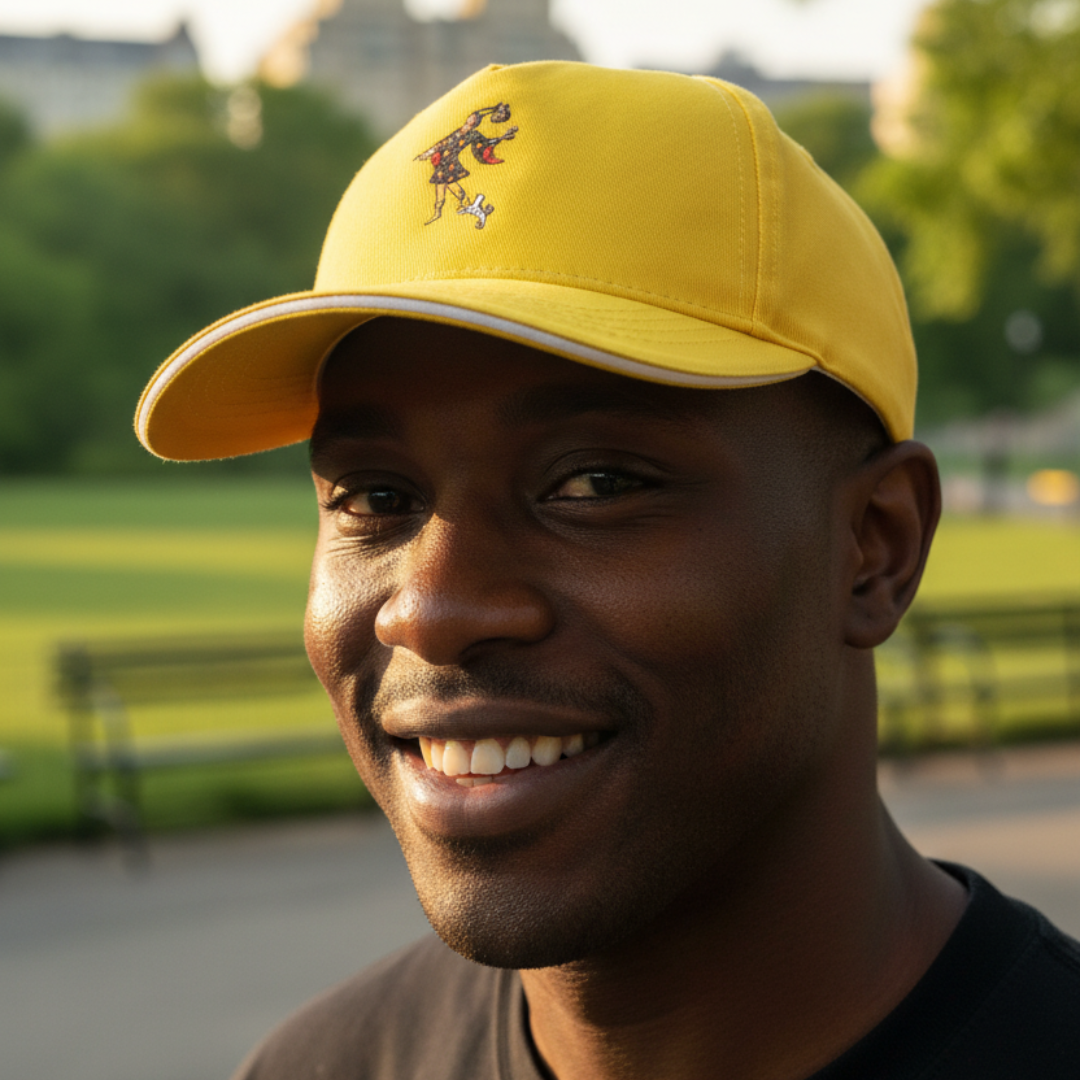 Man in a bright yellow baseball cap featuring The Fool tarot card emblem, standing outside surrounded by lush green scenery.