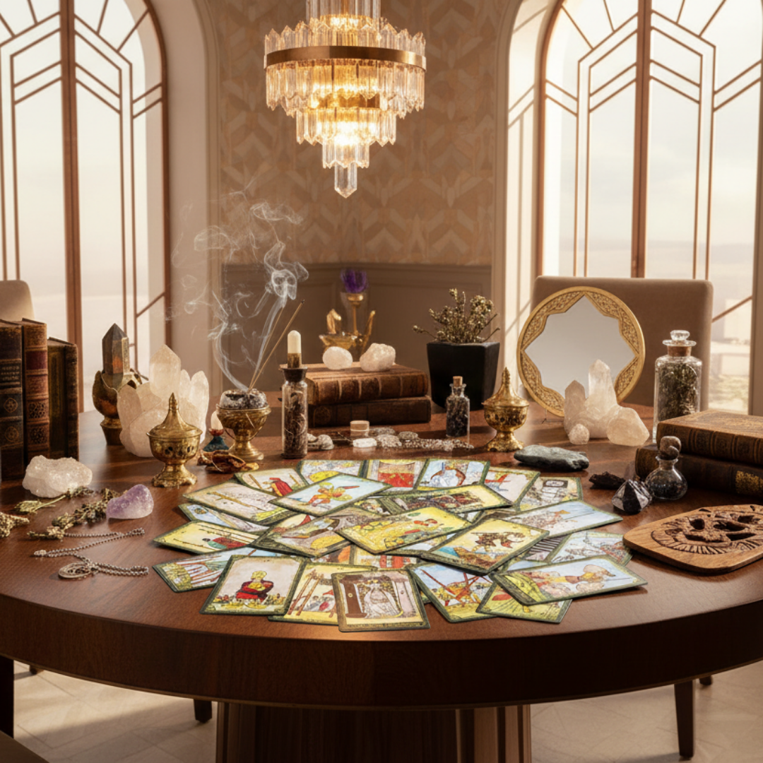 Tarot cards on a table with decorative items in a room with large windows.