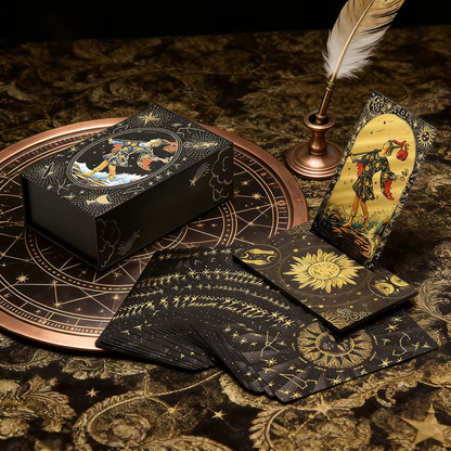 Decorative tarot cards with a black box and feather on an ornate surface