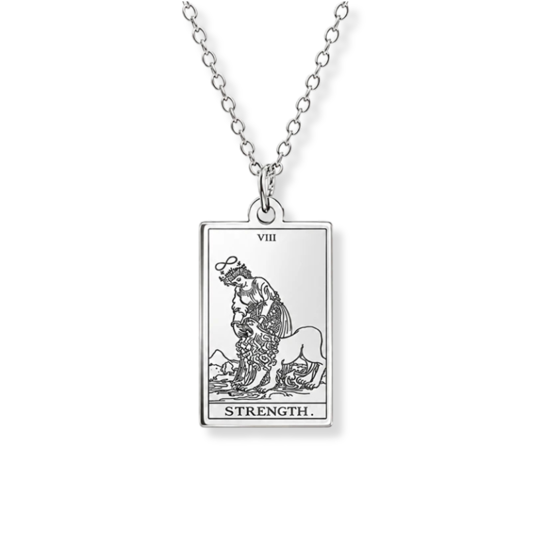 A silver tarot card pendant necklace featuring the 'Strength' card (VIII), suspended from a delicate silver chain against a plain white background.