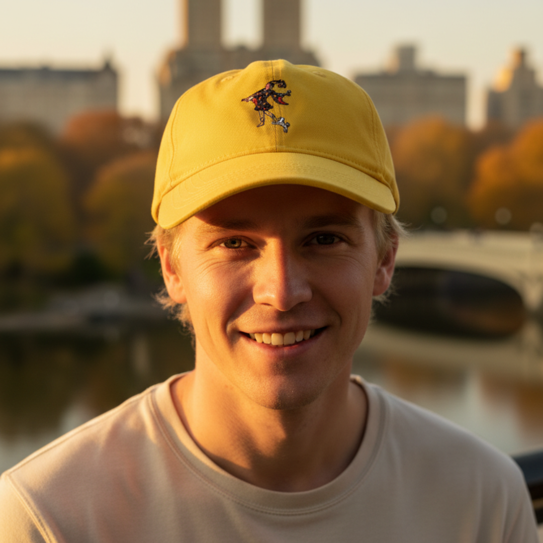 happy man wearing a bright yellow Fool tarot card cap, standing in a park at sunset