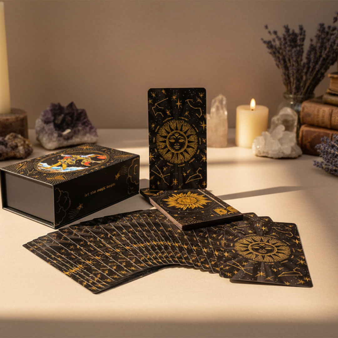 Set of tarot cards with a box on a table with candles and crystals in the background