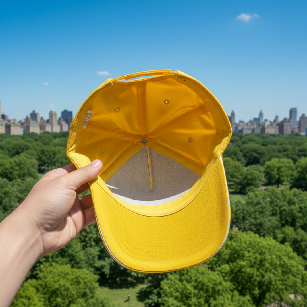 Yellow cap lifted to show the interior, with a city skyline and trees in the background