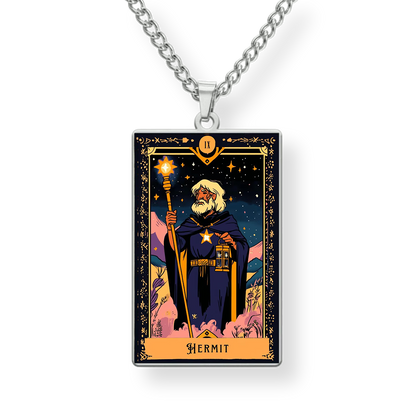 Tarot card-style pendant with 'Hermit' illustration on a chain against a white background