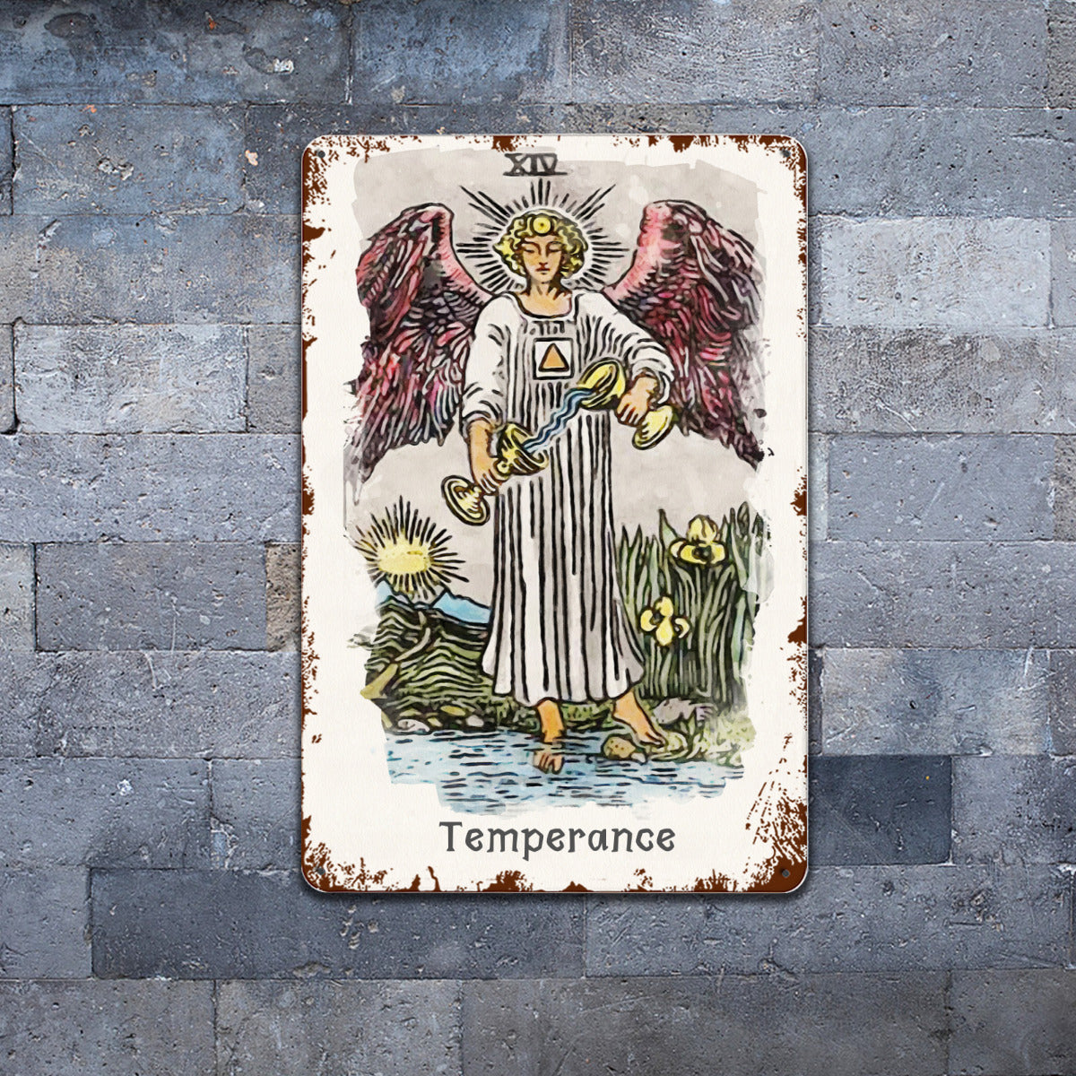 Tin Sign Of The Temperance Tarot Card Painting • Major Arcana Waite-Style Cards Vintage Metal Print