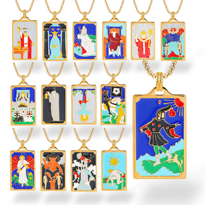 Collection of tarot card-themed pendants on gold chains against a white background