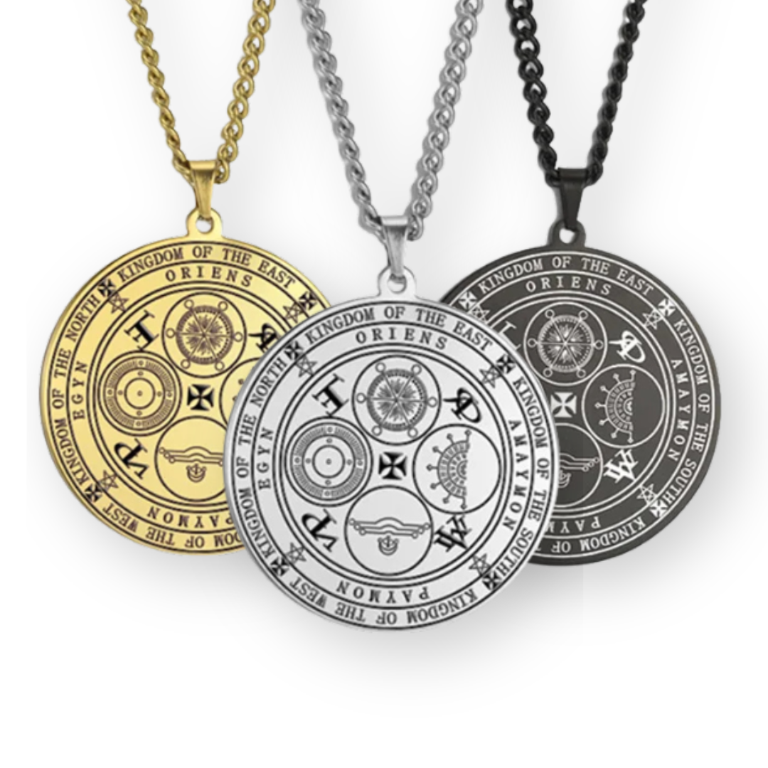 Three circular medallion necklaces engraved with the Four Kings Seal in gold, silver, and black on white background