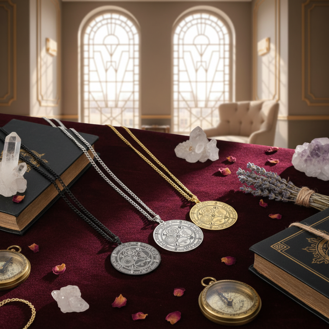 Three pendant necklaces in silver, gold, and black rest on a red surface, surrounded by books, crystals, and a compass in a refined setting.