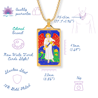 Gold-plated pendant with colored enamel on a white background with measurements and product details.