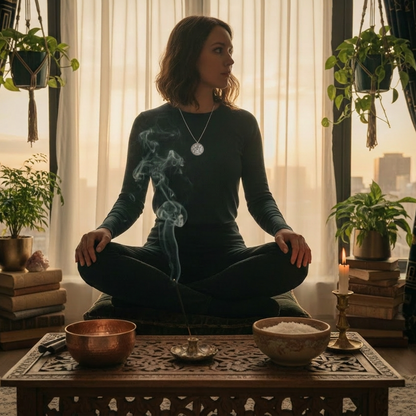 A woman meditates in a plant-filled room with a city view, wearing the Apollo Tarot Four Kings Seal Necklace.