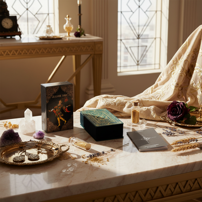 Decorative table with the "AE Classic Tarot " on display with books, crystals, and trinkets in a room with large windows.