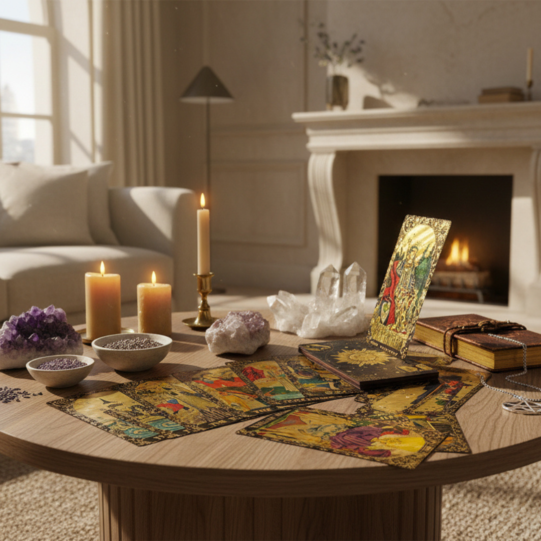 Tarot cards on a table with candles and crystals in a cozy room.