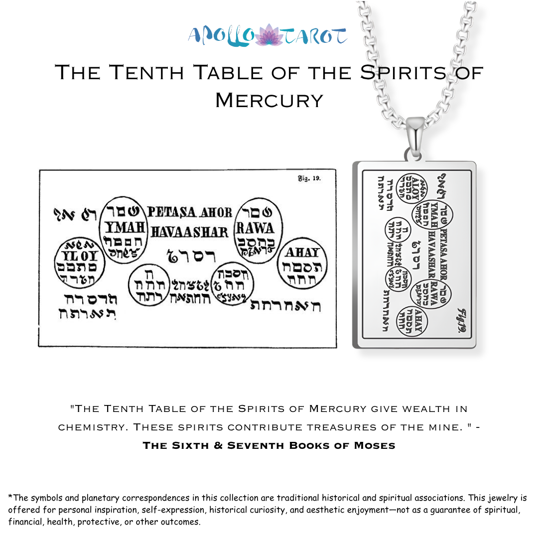 A silver pendant necklace displayed on a white background featuring Hebrew text and esoteric symbols related to the 'Tenth Table of the Spirits of Mercury from the 6th and 7th Books of Moses.