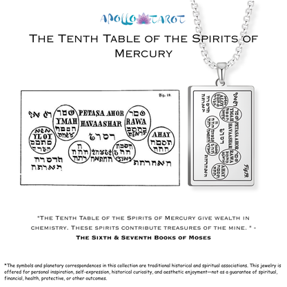 A silver pendant necklace displayed on a white background featuring Hebrew text and esoteric symbols related to the 'Tenth Table of the Spirits of Mercury from the 6th and 7th Books of Moses.