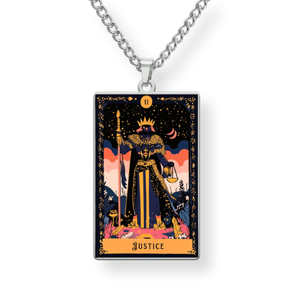 Necklace with 'Justice' tarot card pendant on a white background