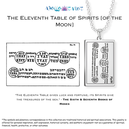 A silver pendant necklace on a chain, shown alongside a black-and-white reference card displaying Hebrew text and astrological symbols. The necklace pendant is engraved with religious and spiritual text, and the card explains the design, The Eleventh Table of Spirits of The Moon from the 6th and 7th Books of Moses.