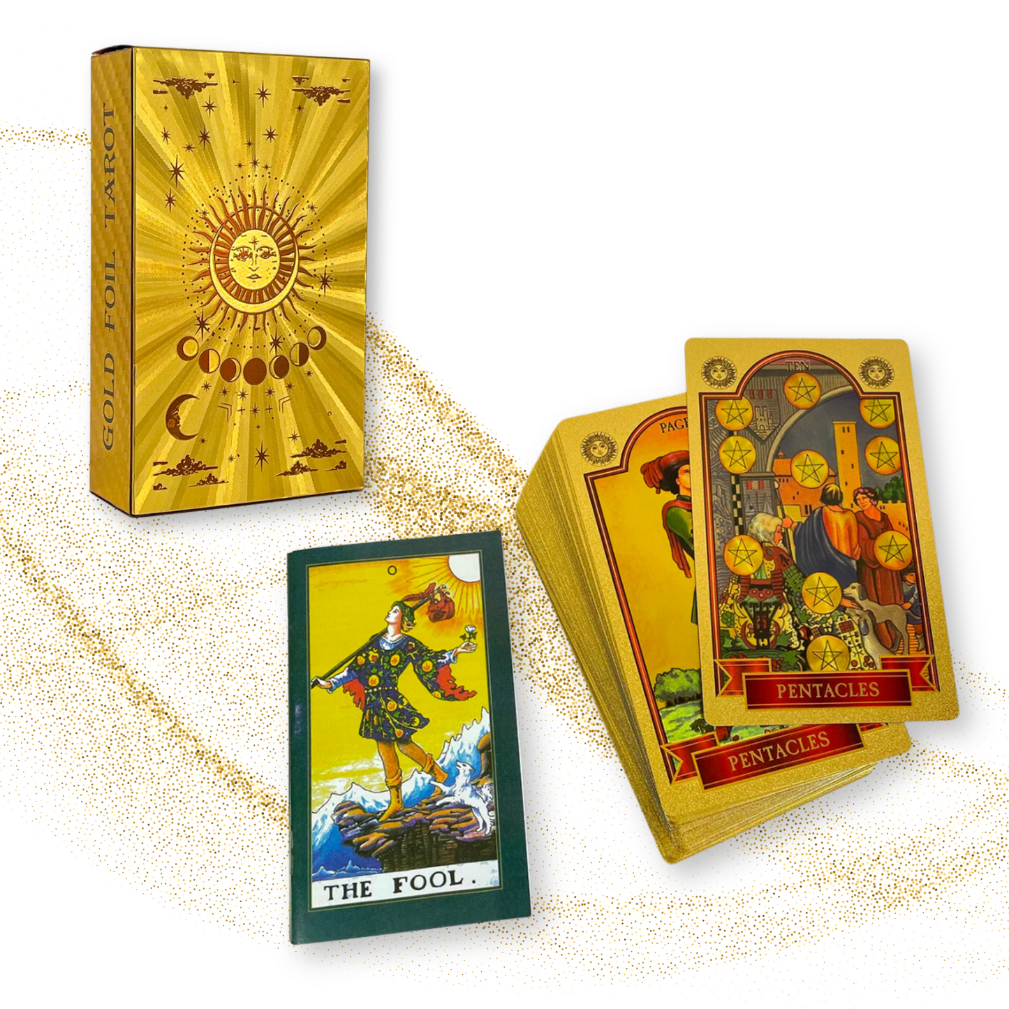 Gold Foil Tarot Cards, Premium Cardboard Tuckbox, Complete Deck High-End Plastic Holographic Tear-Resistant Waite Style Card Set + Guidebook • Apollo Tarot Shop