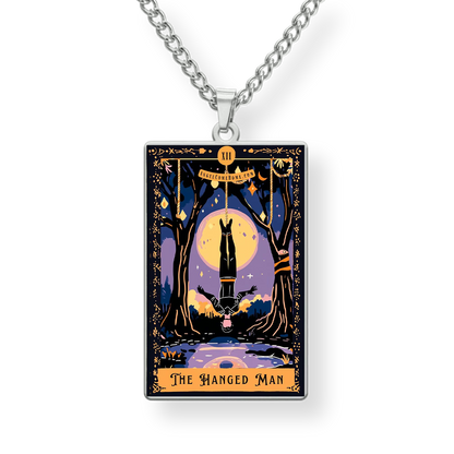 Pendant with 'The Hanged Man' tarot card design on a white background
