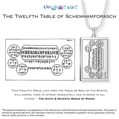 A silver rectangular pendant necklace with engraved Hebrew and Latin text from the 6th and 7th Books of Moses, shown alongside a black-and-white reference diagram of the 'Twelfth Table of Schemamforasch' on a white background. The brand name 'Apollo Tarot' appears at the top.
