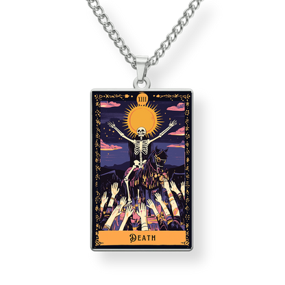 Necklace with a 'Death' tarot card pendant on a white background