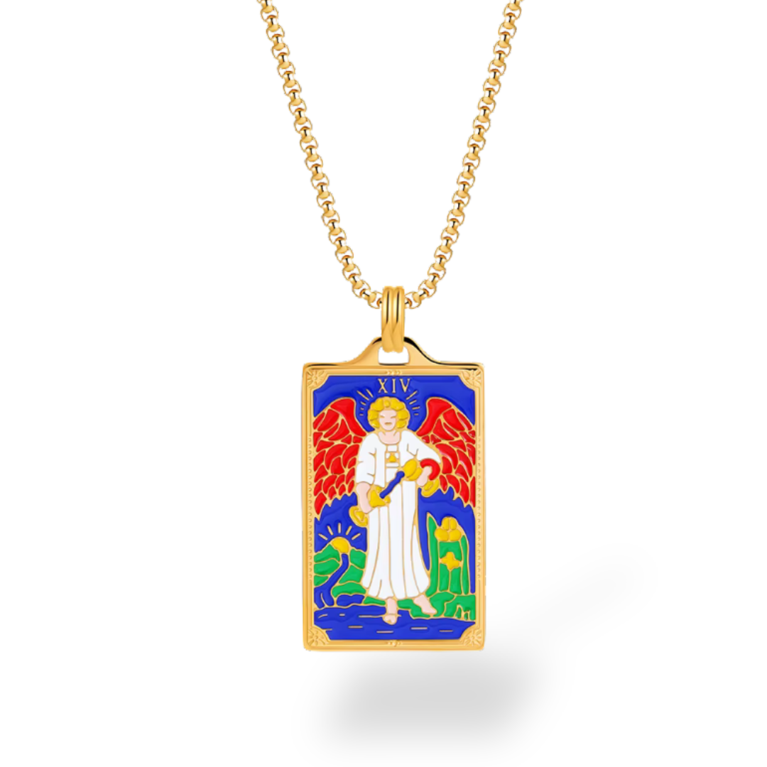 Gold necklace with a rectangular pendant featuring an angel design on a white background