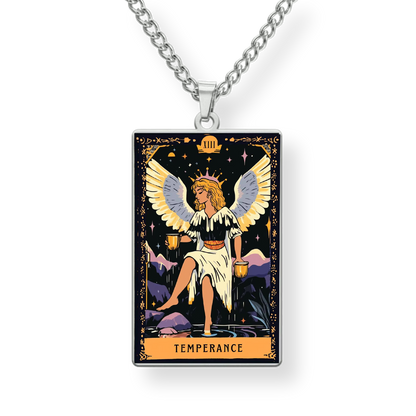 Necklace with a pendant featuring a tarot card design of 'Temperance' with an angelic figure.