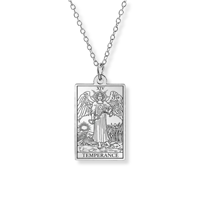 A silver-toned Temperance tarot card pendant necklace on a delicate link chain, shown against a plain white background.