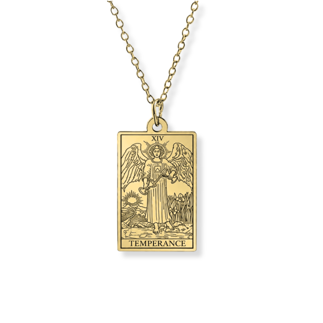 A gold-toned Temperance tarot card pendant necklace on a matching chain, shown against a plain white background.