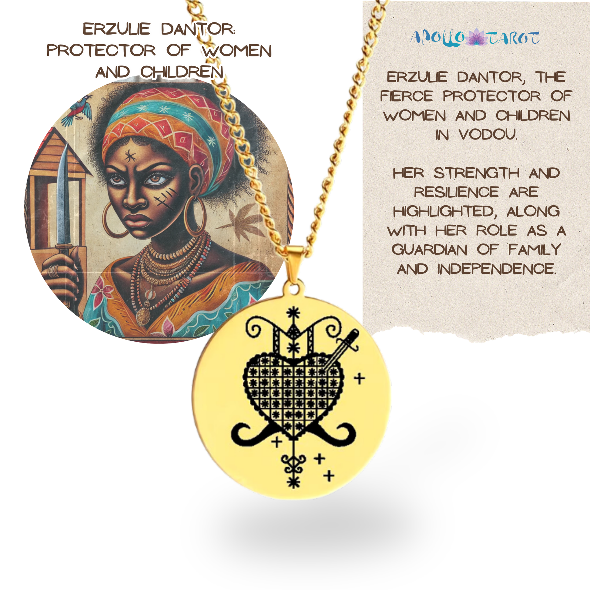 Gold Voodoo Veve Sigil Charm Necklace • Vodou Lwa Loa Amulet Talisman • Stainless Steel Pendant For Afro Spiritual Men And Witchy Women • Apollo Tarot Esoteric Jewelry Shop