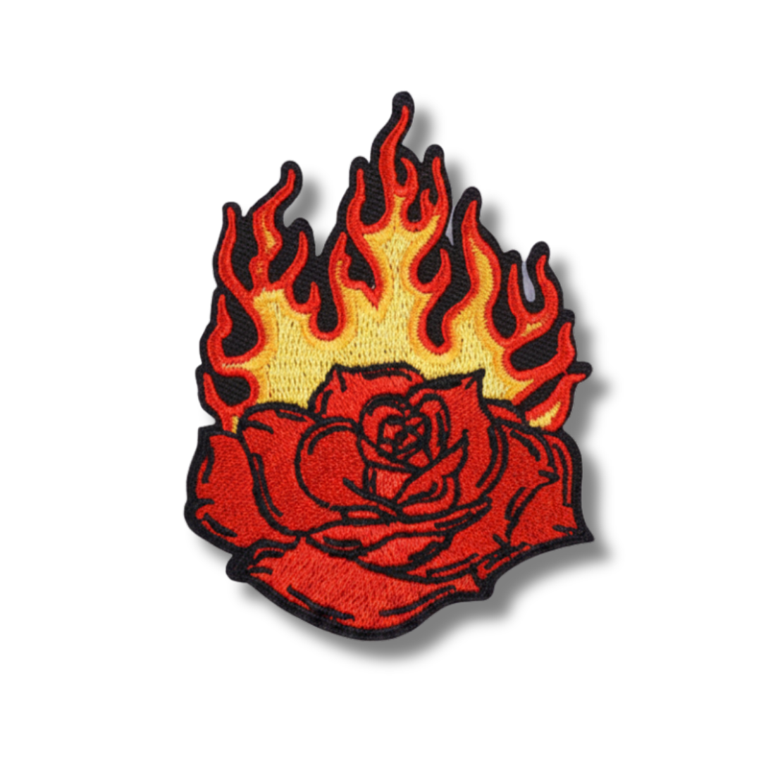 Flame-topped red rose patch on a white background