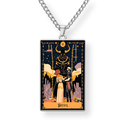 Tarot card design pendant on a chain against a white background