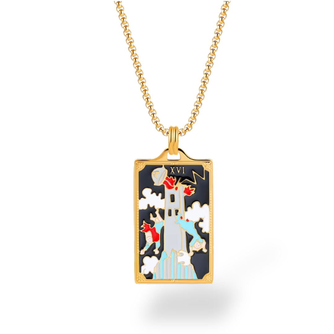 Gold necklace with a tarot card pendant on a white background