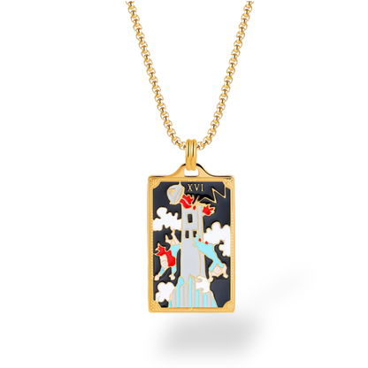 Gold necklace with a tarot card pendant on a white background