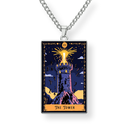 Necklace with 'The Tower' tarot card pendant on a white background